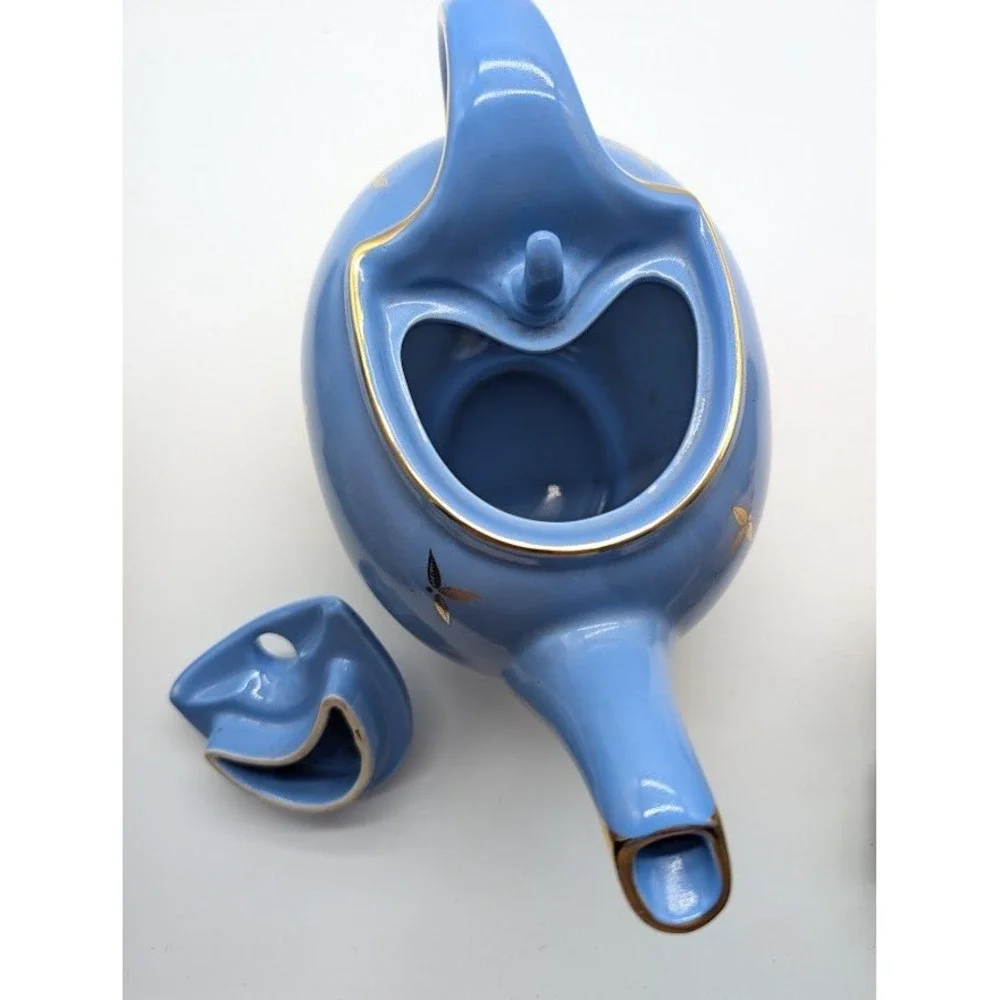 Vintage Hall USA Pottery 0749 Tea Pot Hook Cover Lid Cadet Blue Floral 1940's